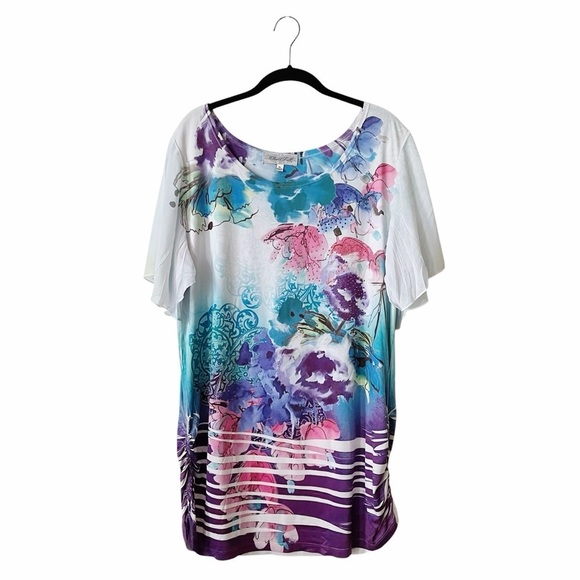 Closet Full Top Womens Size XL Multicolor Floral Sublimation Ruched Flare Sleeve - Picture 2 of 6